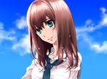  blush brown_hair dress_shirt green_eyes idolmaster idolmaster_cinderella_girls long_hair looking_at_viewer no_cardigan nora_bo shibuya_rin shirt smile solo wet wet_clothes wet_shirt 