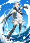  aircraft airplane blue_eyes blue_gloves blue_hair blue_legwear cloud day elbow_gloves gloves highres kantai_collection long_hair ocean panikuru_yuuto ponytail samidare_(kantai_collection) school_uniform serafuku skirt sky smile solo thighhighs very_long_hair zettai_ryouiki 