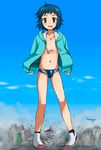  blue_eyes blue_hair boots carp giant gundam gundam_build_fighters hood hoodie iori_sei jacket kite male_focus male_swimwear open_clothes open_hoodie short_hair swim_briefs swimwear torajimaneko 