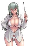  ass_visible_through_thighs bikini blush breasts cleavage contrapposto dress_shirt glasses hand_on_hip head_tilt large_breasts long_hair looking_at_viewer open_clothes open_shirt pointer red_eyes rozen_maiden shirt silver_hair smile solo standing suigintou swimsuit tsuda_nanafushi 