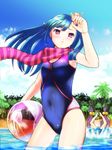  bad_id bad_pixiv_id ball beachball blue_hair competition_swimsuit hajime_(usaki01) houzouin_inshun hyakka_ryouran_samurai_bride hyakka_ryouran_samurai_girls long_hair multiple_girls naoe_kanetsugu_(hyakka_ryouran) one-piece_swimsuit red_eyes scarf swimsuit 