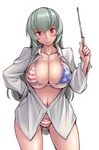  american_flag_bikini ass_visible_through_thighs bikini blush breasts cleavage contrapposto dress_shirt flag_print hand_on_hip head_tilt large_breasts long_hair looking_at_viewer open_clothes open_shirt pointer red_eyes rozen_maiden shirt silver_hair smile solo standing suigintou swimsuit tsuda_nanafushi 
