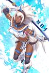  bare_shoulders black_gloves black_legwear dark_skin gloves guchico hairband kirin_(armor) midriff monster_hunter navel purple_eyes solo sword thighhighs very_dark_skin weapon white_hair 