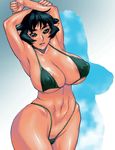  1girl areola_slip areolae armpits arms_up bikini breasts cleavage covered_nipples curvy dark_elf dark_skin elf erect_nipples female green_eyes green_hair hips huge_breasts matagitii nipples original pointy_ears short_hair solo standing swimsuit thong wide_hips 