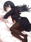  black_hair black_legwear blush capelet closed_eyes dakimakura_(object) highres long_hair long_sleeves lying neckerchief no_shoes on_side original pantyhose pillow pillow_hug school_uniform serafuku shirt skirt smile solo umakatsuhai very_long_hair 