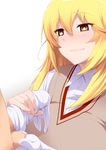  1boy 1girl blonde_hair blush caressing_testicles censored chance_maker elbow_gloves glovejob gloves gloves_removed handjob hetero highres long_hair mosaic_censoring non-web_source penis school_uniform shokuhou_misaki single_glove smile solo_focus sweater_vest symbol-shaped_pupils testicles to_aru_kagaku_no_railgun to_aru_majutsu_no_index white_gloves yellow_eyes 