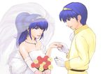  1girl abo_(hechouchou) ascot bad_id bad_pixiv_id bangs bare_shoulders blue_eyes blue_hair bouquet bow bridal_veil bride cellphone couple dress earrings elbow_gloves fire_emblem fire_emblem:_monshou_no_nazo flower gloves groom hetero high_ponytail holding holding_hand holding_ring jewelry jewelry_removed lipstick long_hair looking_at_hand makeup marth nail_polish necklace parted_lips phone pink_bow pink_lips pink_nails ponytail profile putting_on_jewelry red_flower red_rose ring rose see-through sheeda sidelocks simple_background single_glove smartphone smile strapless strapless_dress tearing_up tears tiara upper_body veil wedding wedding_dress wedding_ring white_background white_dress white_gloves yellow_flower yellow_rose 