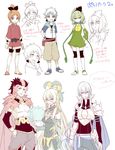  2boys armor blue_hair breasts cape cleavage earrings emboar gen_5_pokemon green_hair hair_ribbon jewelry medium_breasts multiple_boys muted_color oshawott personification pokemon red_hair ribbon samurott serperior shuri_(84k) snivy spot_color sword tepig weapon 