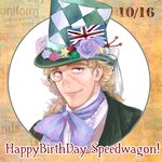  blonde_hair dated flag flower happy_birthday hat jojo_no_kimyou_na_bouken kotobukimaru male_focus monocle phantom_blood purple_eyes robert_eo_speedwagon scar smile solo top_hat union_jack 