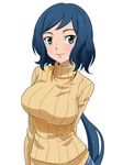  blue_hair breasts green_eyes gundam gundam_build_fighters iori_rinko large_breasts lips long_hair mature nukosann ribbed_sweater simple_background smile solo sweater turtleneck white_background 