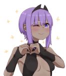  1girl ;) bare_shoulders black_leotard blush breasts fate/prototype fate/prototype:_fragments_of_blue_and_silver fate_(series) glasses hassan_of_serenity_(fate) heart heart_hands i.u.y leotard one_eye_closed purple_eyes purple_hair simple_background small_breasts smile solo upper_body white_background 