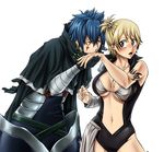  1boy 1girl blonde_hair blue_hair breasts brown_eyes cape cleavage embarrassed fairy_tail kiss large_breasts lucy_ashley mystogan open_mouth short_hair skull tattoo underboob 