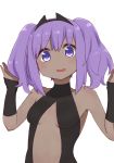  1girl :d alternate_hairstyle bare_shoulders black_leotard blush breasts collarbone covered_collarbone dark_skin fate/prototype fate/prototype:_fragments_of_blue_and_silver fate_(series) hands_up hassan_of_serenity_(fate) head_tilt i.u.y leotard open_mouth purple_eyes purple_hair simple_background small_breasts smile solo twintails upper_body white_background 