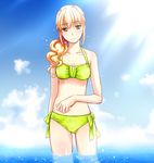  blonde_hair blush breasts colorized fortune_quest goma_azarasi long_hair looking_at_viewer pastel_g._king small_breasts solo swimsuit wading 