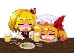  alcohol beer closed_eyes drunk fang flandre_scarlet lowres multiple_girls pixel_art rumia samezuma_jouji touhou transparent_background 