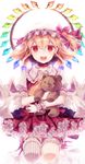  ascot backlighting bad_id bad_pixiv_id bear blonde_hair blush choker crystal doll_hug dress flandre_scarlet hat hat_ribbon kneeling looking_at_viewer mob_cap open_mouth petticoat puffy_sleeves rainbow_gradient rainbow_order red_dress red_eyes ribbon ribbon_choker shirt short_sleeves side_ponytail single_thighhigh sitting skirt smile solo striped striped_legwear stuffed_animal stuffed_toy teddy_bear thigh_ribbon thighhighs touhou vertical-striped_legwear vertical_stripes vest wariza white_background wings wrist_cuffs yasiromann 