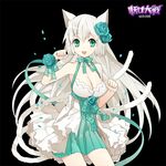  :d animal_ears bare_shoulders black_background breasts cat_ears cat_tail choker cleavage dress flower green_eyes grey_hair hair_flower hair_ornament large_breasts long_hair mami_(apsaras) open_mouth paw_pose ribbon ribbon_choker simple_background smile solo tail very_long_hair white_hair wrist_ribbon youjo_taisen 