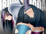  1girl artist_request ass bent_over black_hair breasts character_name danganronpa from_behind from_below hair_ornament hand_on_ass hanging_breasts jewelry leaning leaning_forward long_hair looking_at_viewer looking_down mioda_ibuki mitty_(bareg_09) multicolored_hair open_mouth pink_hair purple_eyes school_uniform skirt super_danganronpa_2 thighhighs 