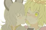  animal_ears blonde_hair blush closed_eyes face_licking food food_on_face grey_hair hair_ornament ishikkoro licking mouse_ears multiple_girls nazrin rice short_hair toramaru_shou touhou wince yellow_eyes 