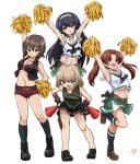  1girl 4girls adapted_costume alternate_costume arms_up artist_name belt black_belt black_hair blonde_hair blue_eyes blush breasts brown_eyes brown_hair cheerleader cleavage closed_mouth commentary_request crop_top frown girls_und_panzer hands_on_hips head_tilt holding_pom_poms kadotani_anzu katyusha kuromorimine_military_uniform leaning_forward legs long_hair looking_at_viewer medium_breasts midriff multiple_girls navel nishizumi_maho ooarai_school_uniform open_mouth pom_poms pravda_school_uniform red_shorts reizei_mako school_uniform shift_(waage) short_hair short_shorts shorts signature simple_background smile solo standing sweat twintails white_background wrist_cuffs 