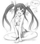  ;d artist_name barefoot bikini_top cutoffs denim denim_shorts fang greyscale hands_on_feet huang_lingyin indian_style infinite_stratos long_hair monochrome one_eye_closed open_fly open_mouth piro_(orip) shorts signature sitting smile solo twintails unzipped 