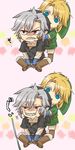  3939mix annoyed bad_id bad_pixiv_id blonde_hair blue_eyes chibi commentary_request dark_link fingerless_gloves forced_smile full_body gloves green_hat grey_hair hat link looking_away male_focus multiple_boys open_mouth parted_lips phrygian_cap pointy_ears reach-around red_eyes sharp_teeth sitting smile standing teeth the_legend_of_zelda tunic 
