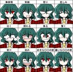  :&gt; ^_^ anger_vein ascot chart closed_eyes expressions fangs green_hair kazami_yuuka kieyza multiple_views plaid plaid_vest red_eyes tears touhou translated vest 