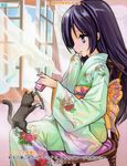  artist_request black_hair blue_eyes cat cellphone hayate_no_gotoku! japanese_clothes kimono phone saginomiya_isumi shiranui_(hayate_no_gotoku) solo translation_request 