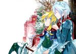  blonde_hair hairband hat izayoi_sakuya kirisame_marisa multiple_girls ribbon scarf short_hair silver_hair takishima_asaka touhou yellow_eyes 