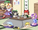  =_= animal_ears black_hair blonde_hair blue_hair bottle bow bowl braid brown_eyes calendar_(object) cat_ears chopsticks cushion eating egg fang food geta green_eyes green_hair hair_bow hanging_scroll hat hat_removed headwear_removed horn hoshiguma_yuugi kaenbyou_rin kisume komeiji_koishi komeiji_satori kotatsu kurodani_yamame mizuhashi_parsee multiple_girls noodles purple_eyes purple_hair red_eyes red_hair reiuji_utsuho ribbon saliva scroll subterranean_animism table tatami touhou twin_braids under_kotatsu under_table urushi white_hair zabuton zombie_fairy 