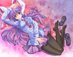  animal_ears bad_id bad_pixiv_id bunny_ears feet long_hair lying necktie on_back pantyhose pico_(picollector79) purple_hair red_eyes reisen_udongein_inaba shoes shoes_removed sitting skirt solo touhou yokozuwari 