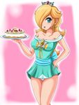  bare_shoulders blonde_hair blue_eyes breasts cake cleavage crown dress food hair_over_one_eye happy luma mario nintendo panties princess princess_rosalina sigurdhosenfeld stars strawberries super_mario super_mario_brothers 