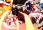  animal_ears battle blurry bow_(weapon) bunny_ears depth_of_field dutch_angle egawa_rui fire fujiwara_no_mokou houraisan_kaguya multiple_girls reisen_udongein_inaba ribbon touhou weapon yagokoro_eirin 