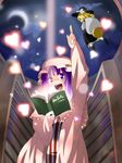  arm_up bad_id bad_pixiv_id blonde_hair blush book bookshelf broom broom_riding ceiling crescent crescent_moon danmaku dress hand_up happy hat heart highres kirisame_marisa library looking_back moon multiple_girls open_mouth organ_derwald patchouli_knowledge pointing purple_eyes purple_hair reading ribbon sack skirt smile touhou voile witch_hat 