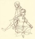  bad_id bad_pixiv_id barefoot brown monochrome moriya_suwako multiple_girls short_hair simple_background sketch torinone touhou yasaka_kanako yellow_background 