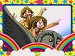  1girl @_@ asou_yuuya bird cloud flying gals! honda_mami owl pointing rainbow riding screencap 
