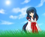  blue_eyes blue_hair day grass hirose_aoi japanese_clothes kou_(wagaya) long_hair miko sky solo wagaya_no_oinari-sama 