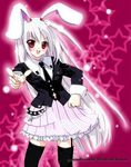  :d albino animal_ears bangs black_jacket black_legwear black_neckwear blazer bunny_ears bunny_girl collared_shirt garter_straps hand_on_hip highres jacket kasane long_hair long_sleeves looking_at_viewer miniskirt necktie open_mouth outstretched_arm pink_background pleated_skirt pointing pointing_at_viewer red_eyes reisen_udongein_inaba shirt simple_background sketch_eyebrows skirt smile solo source_request star starry_background striped striped_skirt thighhighs touhou vertical_stripes very_long_hair white_hair white_shirt wing_collar 
