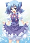  blue_eyes blue_hair cirno curtsey dress hair_ribbon highres ribbon rikudou_inuhiko short_hair skirt_hold snow solo touhou wings 