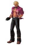  abs belt blonde_hair boots choker cowboy_boots denim gloves hand_in_pocket highres jeans jewelry leather leather_boots male_focus muscle necklace official_art ogura_eisuke open_clothes open_shirt pants shen_woo shirt solo spiked_hair tattoo the_king_of_fighters the_king_of_fighters_xii walnut_(food) 