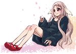  blush cherry_blossoms copyright_request dress_shirt long_hair mary_janes pink_hair red_eyes shirt shoes sitting smile solo sweater takanashi_ringo 