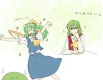  :d \o/ arms_up ascot chin_rest closed_eyes daiyousei dress_shirt flower green_hair head_wreath kazami_yuuka multiple_girls open_mouth outstretched_arms plaid plaid_vest shirt smile torinone touhou translated vest wavy_mouth 