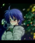  blush christmas coat gift green_eyes lyrical_nanoha mahou_shoujo_lyrical_nanoha purple_hair short_hair solo subaru_nakajima 