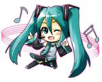  aqua_eyes aqua_hair beamed_eighth_notes chibi detached_sleeves eighth_note hatsune_miku long_hair music musical_note necktie one_eye_closed singing skirt solo staff_(music) thighhighs toichi twintails vocaloid 