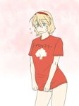  alice_margatroid bad_id bad_pixiv_id blonde_hair blue_eyes clothes_writing hairband no_pants panties shirt short_hair solo striped striped_panties t-shirt torinone touhou translated underwear 