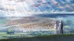  1girl blonde_hair city cityscape cloud day ef game_cg hayama_mizuki himura_yuu light_rays nanao_naru river scenery sky sunbeam sunlight white_hair 