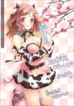  2009 animal_ears animal_print bad_id bad_pixiv_id bare_shoulders bell belt boots breasts brown_hair cherry_blossoms chinese_zodiac cleavage cow_ears cow_girl cow_print detached_sleeves elbow_gloves fingernails gloves highres horns kimishima_ao knee_boots large_breasts licking_lips long_fingernails milk mole mole_under_eye new_year original pink_eyes ribbon shiny shiny_skin short_hair skindentation skirt solo tongue tongue_out year_of_the_ox 