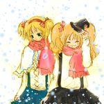  alice_margatroid alternate_costume alternate_hairstyle bad_anatomy bad_id bad_pixiv_id blonde_hair hat kirisame_marisa momoko_(pixiv219000) multiple_girls ribbon scarf snow snowing suspenders touhou twintails 