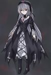  black_background cross-laced_clothes full_body hairband lolita_hairband long_hair looking_at_viewer red_eyes rozen_maiden silver_hair simple_background solo standing suigintou very_long_hair yanphoenix 