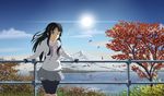  akiyama_mio artist_request black_hair cloud hill hime_cut hood hoodie k-on! lake long_hair looking_at_viewer mountain nature pantyhose scenery skirt sky smile solo sun tree 